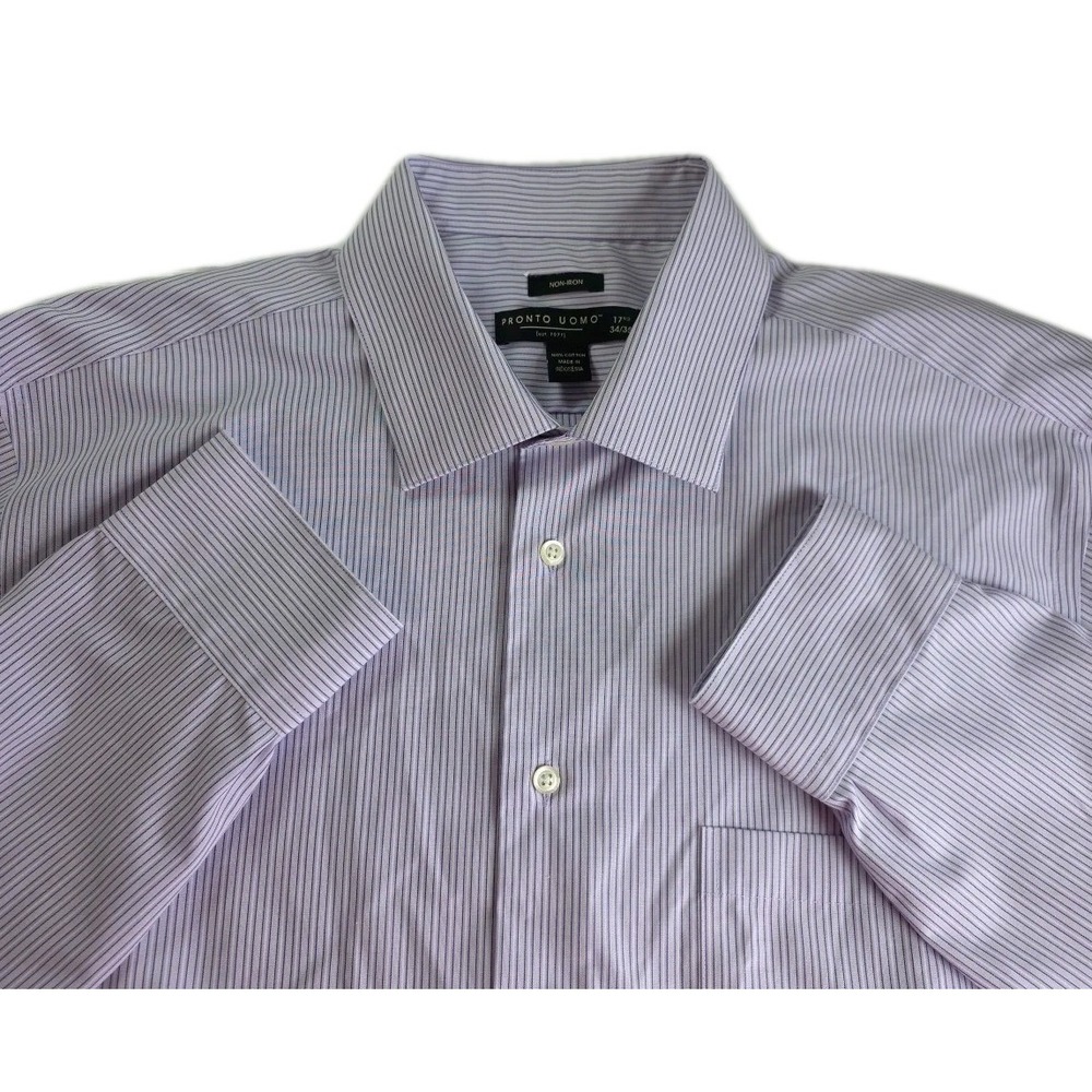Pronto Uomo Men's size 17.5 neck and 34/35 PURPLE STRIPED Non-iron Cotton